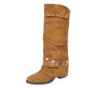 Ruched Western Mid Calf Cowboy Boots for Women Pointed Toe Block Heel Studded Buckle Soft Suede Pull On Star Rivet Retro Country Outdoor Fashion Footwear Brown