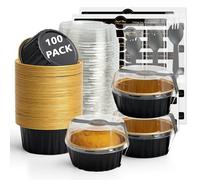 Ruckae 100 PCS Mini Round Baking Cups with Lids,Mini Cake Pans with Lids,Disposable Aluminum Foil Ramekins Baking Cups for Birthday Party Weddings (Black Gold, 5oz)