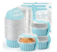 Ruckae 100 PCS Mini Round Baking Cups with Lids,Mini Cake Pans with Lids,Disposable Aluminum Foil Ramekins Baking Cups for Birthday Party Weddings (Light Blue, 5oz)
