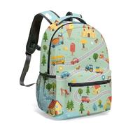 Rucksack for Boys Kids Road Vehicle School Bag, Durable Tractor & Town Print Daypack, Large Capacity Water-Resistant Primary School Bookbag (04)