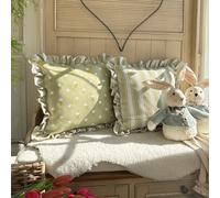 rucomfy Beanbags Rucomfy Linen Look 45X45Cm Cushion - Olive Green Frilled Ditsy Stripe Design