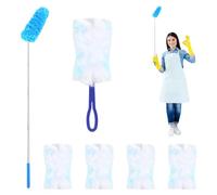 RUCUDIM Microfiber Feather Duster, 5PCS Disposable Duster Heads, Bendable & Retractable, Blue, Soft, Stainless Steel Handle, Ideal for Cleaning Ceilings, Fans, Blinds, Cars & Furniture