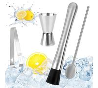RUCUDIM Stainless Steel Cocktail Muddler with Cocktail Spoon, Bartender Set, Mojito Masher, Ice Crusher, Masher, Cocktail Muddler, Shaker with Measuring Cup, Bar Accessories for Kitchen, Bar