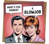 Rude Funny Greeting Card - Retro Comic “What’s for Dinner? A Blowjob” - 145mm x 145mm - with Kraft Envelope - Adult Humor Birthday Anniversary Valentine’s Card for Him or Her