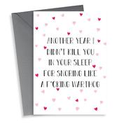Rude Typography Anniversary Card - Warthog - Hearts Another Year I Didn't Kill You In Your Sleep For Snoring Like A F*cking Warthog