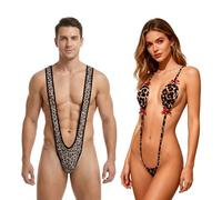 Rudfovn 2 Pcs Borat Mankini with Sexy Micro Bikini Set, Man Funny Underwear Thongs and Women One Piece Bikini Brown