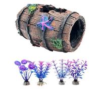 Rudfovn Fish Tank Ornaments, Broken Starfish Barrel Fish Decorations Accessories with 4 Aquatic Plants for Aquarium Tanks Decor