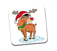 Rudolph Red Nose Reindeer Wearing Santa Hat Single Premium Glossy Wooden Coaster