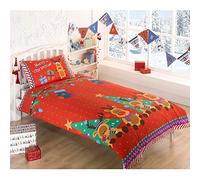 Rudolph Reindeer Christmas Kids Presents Stars Quilt Duvet Cover and 2 Pillowcase Bedding Bed Set, Red, Double