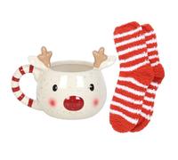 Rudolph Reindeer Mug and Sock Set Something Different White One Size