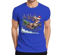 Rudolph Reindeer Sleigh Christmas Tree Bells Cartoon Funny Men's T-Shirt, blue, XXL