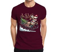Rudolph Reindeer Sleigh Christmas Tree Bells Cartoon Funny Men's T-Shirt, burgundy, XXL