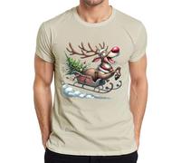 Rudolph Reindeer Sleigh Christmas Tree Bells Cartoon Funny Men's T-Shirt, natural, XXL