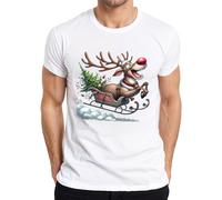 Rudolph Reindeer Sleigh Christmas Tree Bells Cartoon Funny Men's T-Shirt, White, XXL