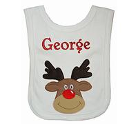 Rudolph The Red Nosed Reindeer Personalised Boys Baby Bib - Individually Handmade in The UK with Embroidered Name. (02 White)