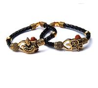 Rudraksha Shiv Om Trishul Damroo Kada, Lord Shiva Bahubali Cuff Bracelet | Religious Brass Kada | Free size Bracelet For Maha Shivratri (Leather Shiv+Shiv Murti)