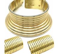 ruech Adjustable Metallic Coil African Choker Chunky Statement Cleopatra Necklace with 2 Bracelets Gothic Faux Leather Set for Women (Gold Necklace + 2 Bracelet)