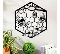 ruelen Metal Bee Wall Art - Farmhouse Honey Bee and Hives with Flowers Metal Wall Decor for Living Room,Bedroom,Garden,Office, Home,Gift for Gardener & Bee Keeper (11.14x9.72in)
