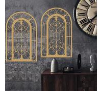 ruelen Metal Scroll Wall Decor - Window Arch Wall Art,Wall Panels with Carved Wrought Iron. Rustic Farmhouse Style with Medallion Scroll Design for Living Room, Bathroom, Bedroom( Gold)