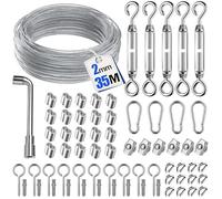 Ruesious 35M 69pcs Garden Wire for Climbing Plants - Durable Stainless Steel Cable Wire Kit, Fence Kit with Turnbuckle, Tensioner, for Hanging String Lights, Vine Eyes for Climbing Plants