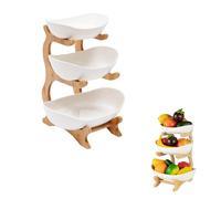 RUETERY 3 Tier Fruit Bowl, Ceramic Fruit Bowl, Fruit Basket with Bamboo Stand, Snack Storage, Fruit Storage, White Fruit Bowl for Fruits, Vegetables, Snacks, Candies, Salads, Sushi