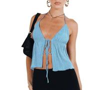 RUEWEY Women Y2K Backless Crop Top Vintage Sexy Tie Up Halter Deep V Neck Spaghetti Strap Cami Top Streetwear , A-blue, M