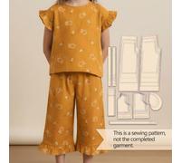 Ruffle Cap Sleeve 2Pcs Outfit Sewing Pattern, Bunny Print Top & Ruffle Hem Culottes 1:1 Template, Illustrated Sewing Guide, Finished Set Not Included