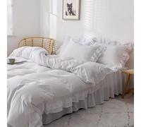 Ruffle Duvet Cover Set 4pcs - Washed Cotton Ruffled Bed Skirt Bedding French Princess Style Cloud Quilt Cover with Zipper Closure Corner Ties for Bedroom Decor All Season (#1,Bed:2.0m(4pcs))
