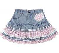 Ruffle Hem Jean Mini Skirt Cutecore Preppy Lolita Kawaii Harajuku Y2K Denim Skirt Lace Cake Clothes (Sky,S)