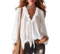Ruffle Long Sleeve Boho Lace Tops for Women, Women Trendy Shirts V Neck | Flowy Ruffle Hem Romance Lace Top, Chic Sheer Style Loose-Fit Ruffle Tie Front Blouse, Vacation Resort