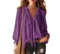 Ruffle Long Sleeve Boho Lace Tops for Women, Women Trendy Shirts V Neck | Flowy Ruffle Hem Romance Lace Top, Chic Sheer Style Loose-Fit Ruffle Tie Front Blouse, Vacation Resort