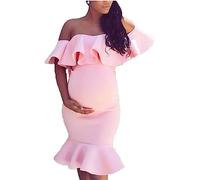 Ruffle Off-The-Shoulder Maternity Dress for Baby Shower, Short Sleeve Mermaid Bodycon Midi Formal Pregnancy Dress for Women, A-Pink, XS