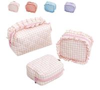 Ruffle Pouch Bag, Gingham Ruffle Makeup Bag, 3PCS Plaid Quilted Makeup Bag Set for Travel, Mini Quilted Cosmetic Pouch for Women Travel Daily Use, Trendy Stuff (Pink)