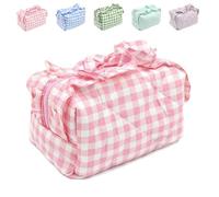 Ruffle Pouch Bag, Gingham Ruffle Makeup Bag, Plaid Quilted Makeup Bag for Travel, Mini Quilted Cosmetic Pouch for Women Travel Daily Use, Trendy Stuff (Pink)