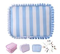 Ruffle Pouch Bag, Ruffle Pouch Makeup Bag, Large Travel Cute Checkered Cosmetic Bags, for Women Girls, Aesthetic Puffy Toiletry Bag Make up Organizer (Blue)