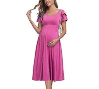 Ruffle Short Sleeve Maternity Dress High Waisted Midi Spring Baby Shower Dresses, Rose Red, XL