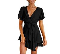 Ruffle Summer Dress Women's Short, Mini Dresses Women's High Waist, A Line Dress Women's Short Sleeve Mini Dress Sexy Deep V-Neck Wrap Dress with Belt Beach Dress Plain Swing Cocktail Dress Party,