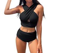 Ruffled Bikini Bathing Suit Women's Solid Color Sexy Halter Neck Gathered Two Piece Bikini Swimsuit Swimsuits Womens Plus Size (Black, S)