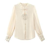 Ruffled Chinese Style Silky Shirt for Women Spring Button-Up Embroidery Blouse Female Casual Tops as Show M
