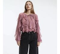 Ruffled Crew Neck Blouse with Long Sleeves powder pink