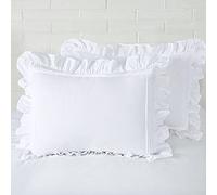 Ruffled Pillow Shams White Queen Set of 2 Lace Pillowcases Shabby Chic | Ruffle Pillowcases 100% Cotton, Farmhouse Vintage Victorian Country French Pretty Princess Girly Cute Frilly 20x30