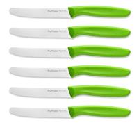 Ruffulon Tomato Knife Set of 6,Serrated Kitchen Knives,Sharp Blade Classic Utility Knife,Stainless Steel Wavy Edge Tomato Knives&Table Knives,Green Plastic Handle Dinner Knifes,Dishwasher Safe