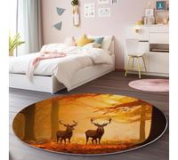 Rug 150 cm Round - Ultra Soft Non-Slip Nursery Play Mat, Washable Natural Autumn Forest Deer Circle Carpet for Baby Crawling, Short Pile Anti Slip for Bedroom Floor Kids Room Hallway, Orange-Yellow