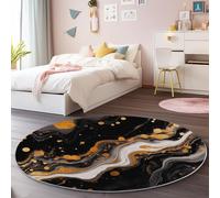 Rug 180 cm Round - Ultra Soft Non-Slip Nursery Play Mat, Washable Abstract Marble Waves Circle Carpet for Baby Crawling, Short Pile Anti Slip for Playroom Bedroom Floor Kids Room Hallway, Black Gold