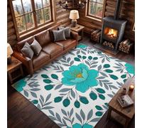 Rug 40 x 60 cm, Machine Washable Nordic Hand-Drawn Rug Low Pile | Non-Slip Soft Plants Flowers Leaves Printed Carpet for Bedroom Kitchen Entryway Lounge Bedside, Blue