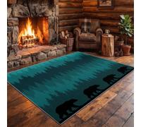 Rug 40 x 60 cm, Machine Washable Nordic Minimalist Rug Low Pile | Non-Slip Soft Forest Animals Bears Mist Printed Carpet for Bedroom Kitchen Entryway Lounge Bedside, Cyan
