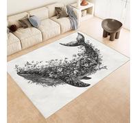 Rug 60x120 cm Faux Cashmere Bright Whale Black Flowers Leaves 3D Print Anti-Slip Stain-Resistant Machine/Vacuum Washable Rugs for Living Room Hallway Breakfast Nook Heritage Home Under the Table