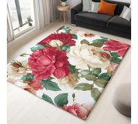 Rug Bohemia Flowers 60x110 cm Washable Non-Slip Area Rug for Kitchen, Roses Peonies Low Profile Short Pile Carpet Runner, Dirt Trapper Hallway Mat for Kids Room White Red