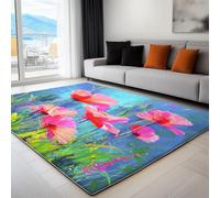 Rug Living Room Blue, Non-Slip Underside Area Rugs for Bedroom Anti Slip 160 x 230 cm, Quality Abstract Flowers Pink Poppies Printed Flannel Carpet with Durable Edge Binding