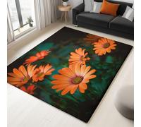 Rug Living Room Green Non-Slip Underside Area Rugs for Bedroom Anti Slip 140 x 200 cm, Quality Elegant Flowers Leaves Orange Daisies Printed Flannel Carpet with Durable Edge Binding